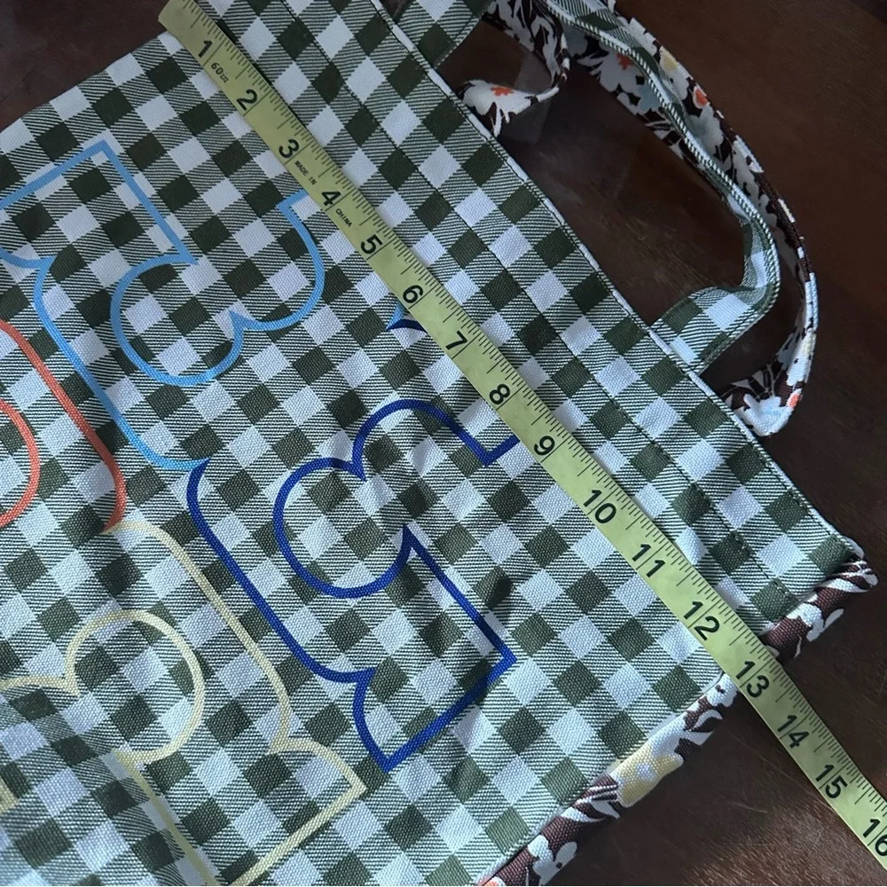 Tory Burch Reverie Floral Print & Green‎ Gingham Check Canvas Shopping Tote Bag